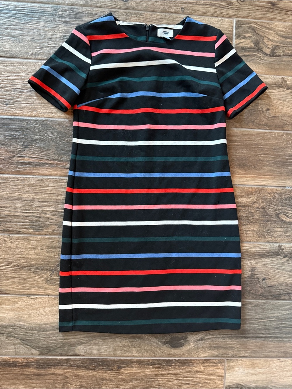 Old Navy Black Dress with Red, Pink, White & Green Stripes